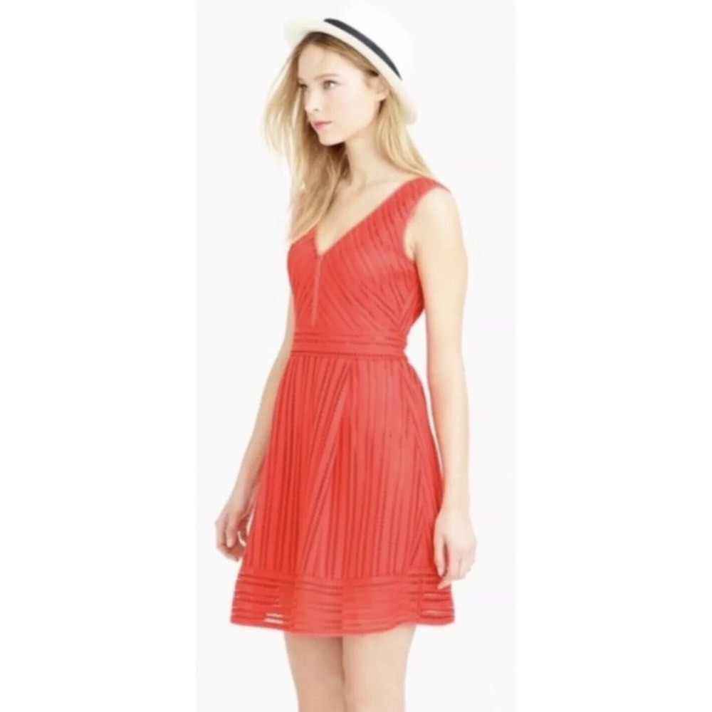 J.CREW Lace Fit Flare Dress Red Orange Striped Eyelet Christmas 16T Tall